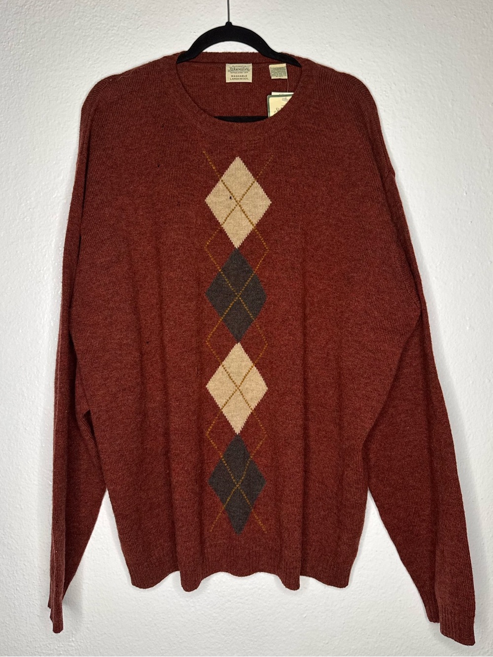 St. John's Bay Vintage Rust Crewneck Sweater with Argyle Detail 100% Lambswool